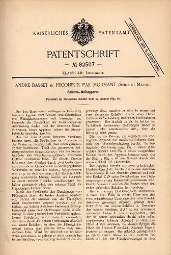 Original Patentschrift - A. Basset dans Pecqueux par Mormant , 1894 , Appareil de mesure pour l' alcool !!!