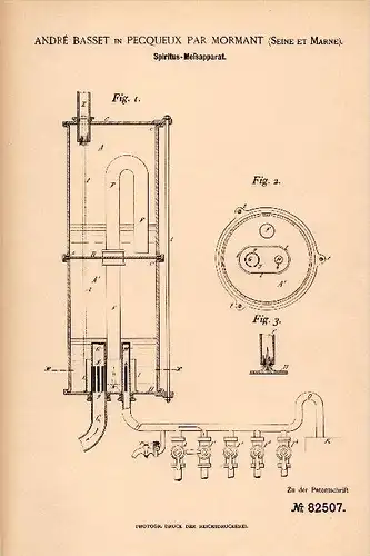 Original Patentschrift - A. Basset dans Pecqueux par Mormant , 1894 , Appareil de mesure pour l' alcool !!!