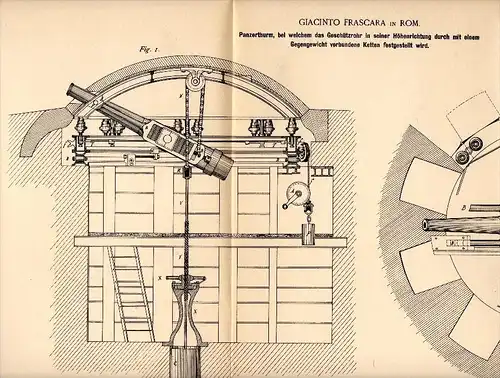 Original Patentschrift - Giacinto Frascara in Rom , 1890 , Turm für Panzer mit Kette , Geschütz , Bunker , Kanone !!!