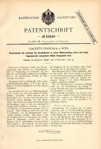 Original Patentschrift - Giacinto Frascara in Rom , 1890 , Turm für Panzer mit Kette , Geschütz , Bunker , Kanone !!!