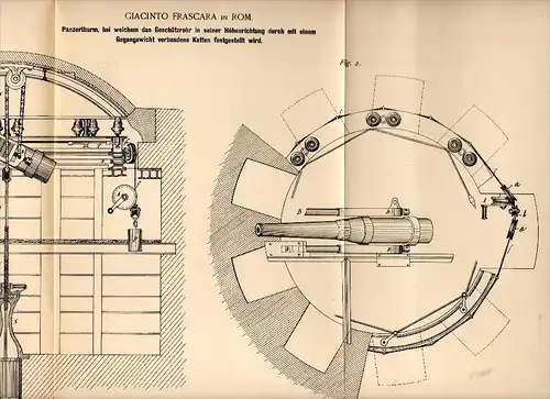 Original Patentschrift - Giacinto Frascara in Rom , 1890 , Turm für Panzer mit Kette , Geschütz , Bunker , Kanone !!!