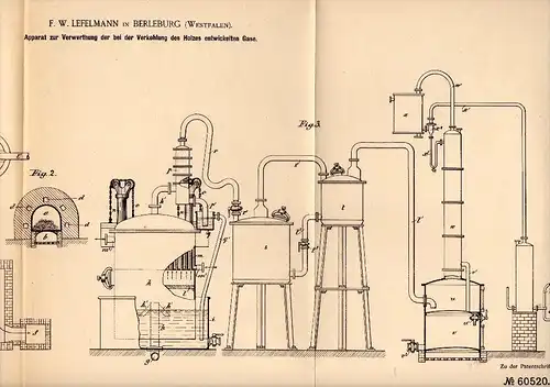 Original Patentschrift -F.W. Lefelmann in Berleburg , Westf., 1891, Apparat zur Gas - Verwertung bei Verkohlung von Holz