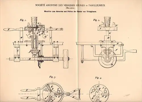 Original Patentschrift - Société Anonyme de Verreries Réunies in Familleureux , 1894 , Maschine für Gläser , Glas !!!