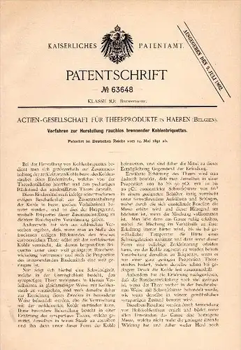 Original Patentschrift - AG für Teerprodukte in Haeren / Haren , 1891 , Hertsellung von rauchlosen Brikett , Kohle !!!