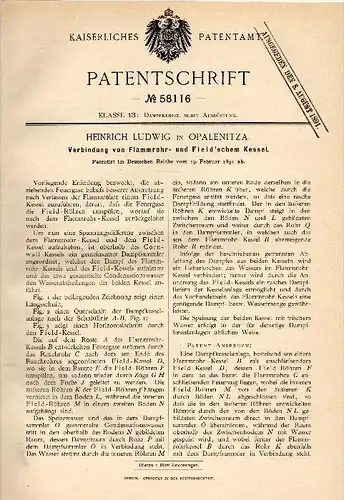 Original Patentschrift - Heinrich Ludwig in Opalenitza / Opalenica , 1891, Flammrohrkessel , Dampfkessel , Dampfmaschine