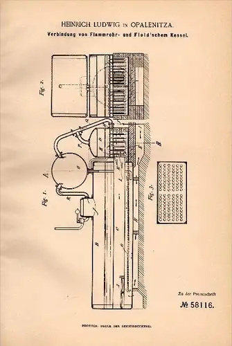 Original Patentschrift - Heinrich Ludwig in Opalenitza / Opalenica , 1891, Flammrohrkessel , Dampfkessel , Dampfmaschine