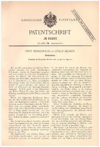 Original Patentschrift - Fritz Herkenrath in Cölln - Meissen , 1895 , Zündschnur , Nobel`scher Zünder !!!