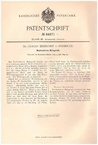 Original Patentschrift - Dr. Gustav Benischke in Innsbruck , 1895 , Wechselstrom - Meßgerät , Elektrik , Elektronik !!!