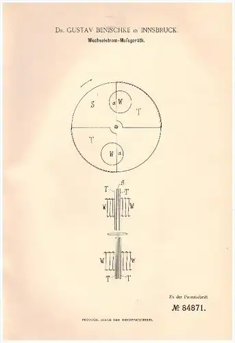 Original Patentschrift - Dr. Gustav Benischke in Innsbruck , 1895 , Wechselstrom - Meßgerät , Elektrik , Elektronik !!!