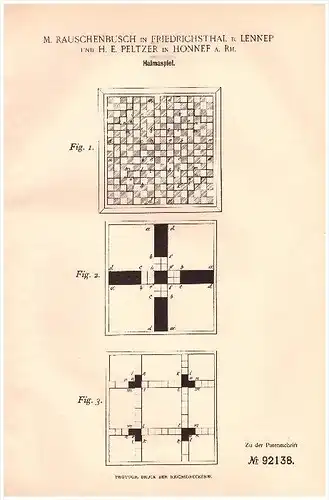 Original Patentschrift -M. Rauschenbusch in Friedrichsthal b. Lennep , 1896, Halmaspiel , Halma , H. Peltzer in Honnef !