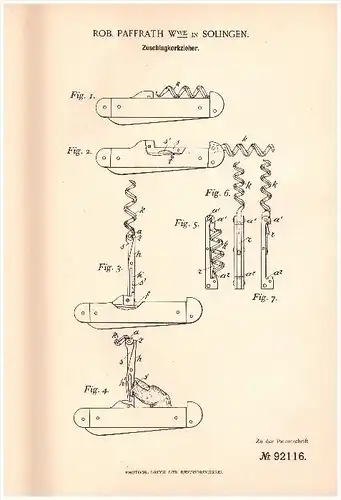 Original Patentschrift - Rob. Paffrath in Solingen , 1896 , Zuschlag - Korkenzieher , corkscrew !!!