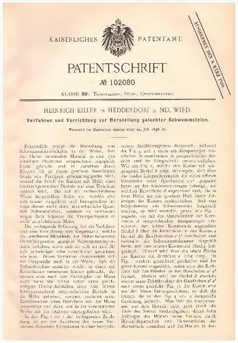Original Patentschrift - Heinrich Killer in Heddesdorf b. Neuwied , 1898 , Herstellung gelochter Schwemmsteine , Bau !!
