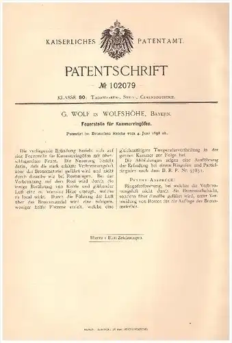 Original Patentschrift -G. Wolf in Wolfshöhe b. Neunkirchen am Sand , 1898 , Ringofen , Thon , Stein , Ziegelei !!!