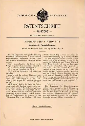 Original Patentschrift - Hermann Neff in Weida i. Thüringen , 1895 , Kupplung für Eisenbahn !!!