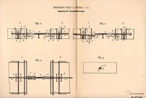 Original Patentschrift - Hermann Neff in Weida i. Thüringen , 1895 , Kupplung für Eisenbahn !!!