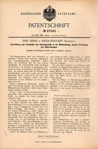 Original Patentschrift -Emil Rinke in Heiligenstadt b. Eichsfeld ,1895, Apparat für Schirm , Regenschirm , Sonnenschirm