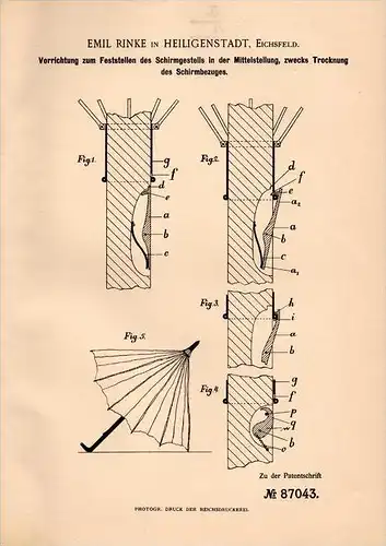 Original Patentschrift -Emil Rinke in Heiligenstadt b. Eichsfeld ,1895, Apparat für Schirm , Regenschirm , Sonnenschirm