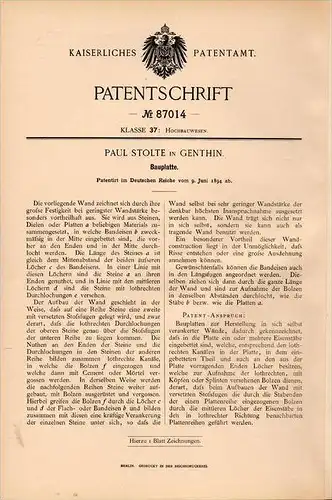 Original Patentschrift - Paul Stolte in Genthin , 1894 , Bauplatte , Hochbau , Bau , Architektur , Maurer !!!