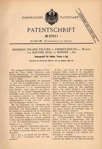 Original Patentschrift - H. Peltzer in Krebsögersteg b. Radevormwald , 1895 , Gestell für Tische , B. Doll in Honnef !!!