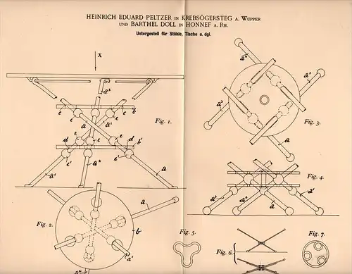 Original Patentschrift - H. Peltzer in Krebsögersteg b. Radevormwald , 1895 , Gestell für Tische , B. Doll in Honnef !!!