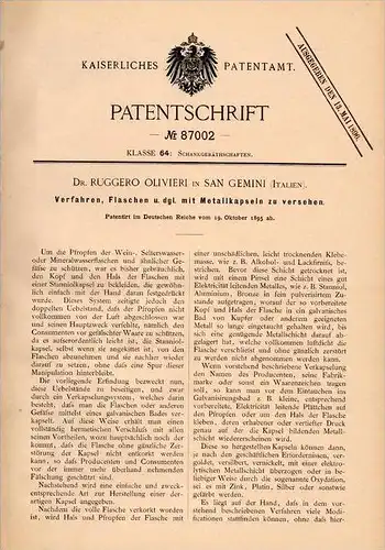 Original Patentschrift - Dr. Ruggero Olivieri in San Gemini , 1895 , Bouteilles avec des capsules métalliques !!!