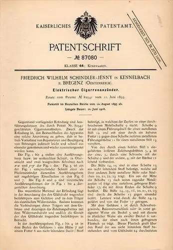 Original Patentschrift -F. Schindler - Jenny in Kennelbach b. Bregenz ,1895,elektrischer Cigarren - Anzünder, Vorarlberg