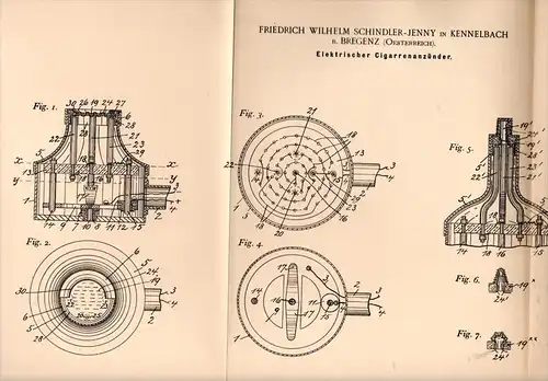 Original Patentschrift -F. Schindler - Jenny in Kennelbach b. Bregenz ,1895,elektrischer Cigarren - Anzünder, Vorarlberg