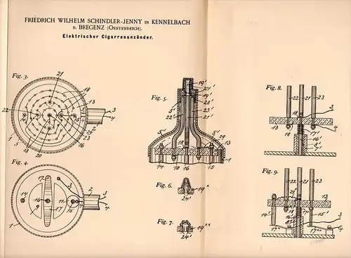 Original Patentschrift -F. Schindler - Jenny in Kennelbach b. Bregenz ,1895,elektrischer Cigarren - Anzünder, Vorarlberg