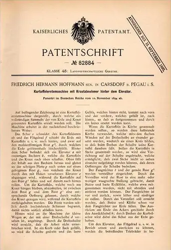 Original Patentschrift - F. Hoffmann in Carsdorf b. Pegau i.S.,1894, Kartoffel - Erntemaschine , Agrar , Karsdorf !!!