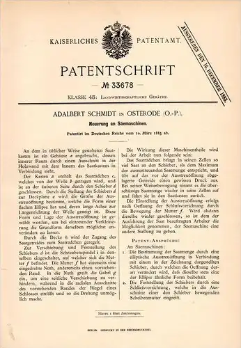Original Patentschrift - Adalbert Schmidt in Osterode / Ostróda i. Ostpreussen , 1885 , Saatmaschine , Agrar !!!