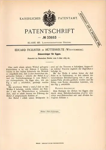Original Patentschrift - E. Figilister in Hüttenreute b. Hoßkirch , 1885 , Zinkenreiniger für Eggen , Landwirtschaft !!!