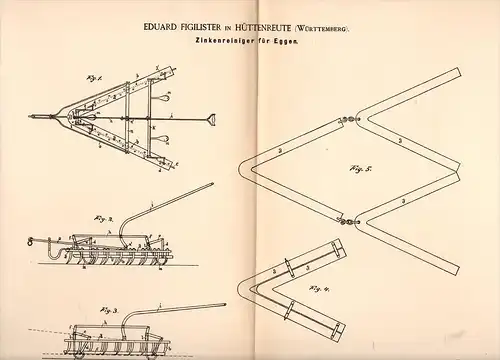 Original Patentschrift - E. Figilister in Hüttenreute b. Hoßkirch , 1885 , Zinkenreiniger für Eggen , Landwirtschaft !!!