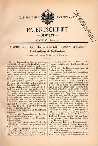 Original Patentschrift - K. Schultz in Großbarkau b. Kirchbarkau / Plön , 1892 , Entladeapparat für Aufzug , Speicher !!