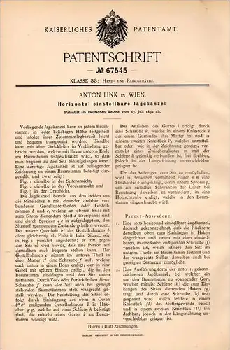 Original Patentschrift - Anton Link in Wien , 1892 , einstellbare Jagdkanzel , Jagd , Jäger !!!