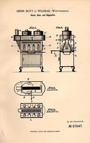 Original Patentschrift - Heinr. Bott in Wildbad b. Calw , 1892 , Kochofen , Ofen , Bügeleisen , Heizung !!!