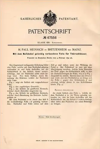 Original Patentschrift - Paul Heinrich in Bretzenheim b. Mainz , 1892 , Falle für Türschloß , Schlüsseldienst , Tür !!!