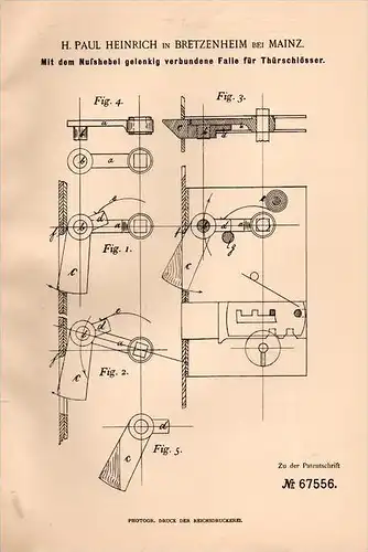 Original Patentschrift - Paul Heinrich in Bretzenheim b. Mainz , 1892 , Falle für Türschloß , Schlüsseldienst , Tür !!!