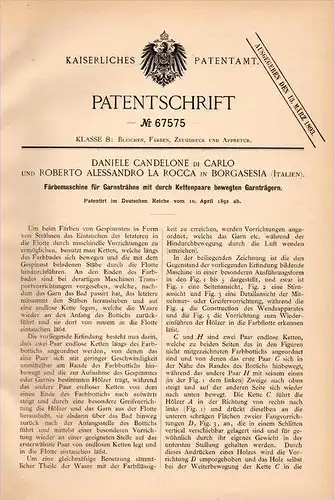 Original Patentschrift -D. di Carlo e R.A. la Rocca in Borgosesia , 1892 , Macchina di tintura di filati, tessuti !!!