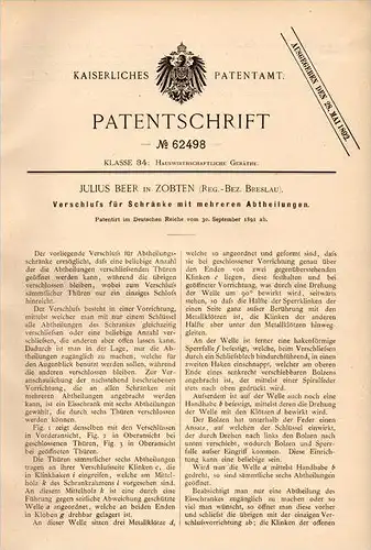 Original Patentschrift - Julius Beer in Zobten / Sobótka b. Breslau , 1891 , Schrank - Verschluß , Möbel , Tischlerei !!