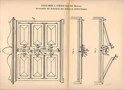 Original Patentschrift - Julius Beer in Zobten / Sobótka b. Breslau , 1891 , Schrank - Verschluß , Möbel , Tischlerei !!