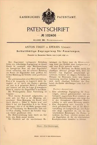 Original Patentschrift - Anton Firley in Eperjes / Prešov, 1898 , Zugregelung für Feuerung , Heizung , Hungary , Ungarn