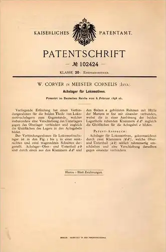 Original Patentschrift -  W. Corver in Meester Cornelis , Jakarta , Java , 1898 , Lakomotive - Achslager , Eisenbahn !!!