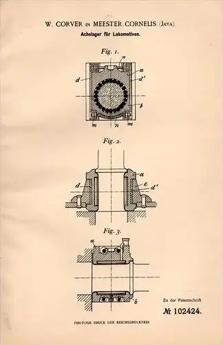 Original Patentschrift -  W. Corver in Meester Cornelis , Jakarta , Java , 1898 , Lakomotive - Achslager , Eisenbahn !!!