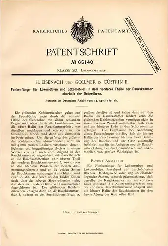 Original Patentschrift -H. Eisenach u. Gollmer in Cüstrin / Kostrzyn nad Odr&#261; ,1892,Funkenfänger für Lokomotive  Kü