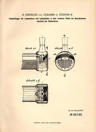Original Patentschrift -H. Eisenach u. Gollmer in Cüstrin / Kostrzyn nad Odr&#261; ,1892,Funkenfänger für Lokomotive  Kü