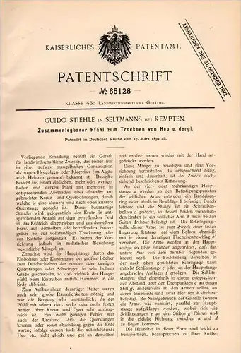 Original Patentschrift - G. Stiehle in Seltmans b. Weitnau / Kempten ,1892, Pfahl für Heu - Trocknung , Landwirtschaft