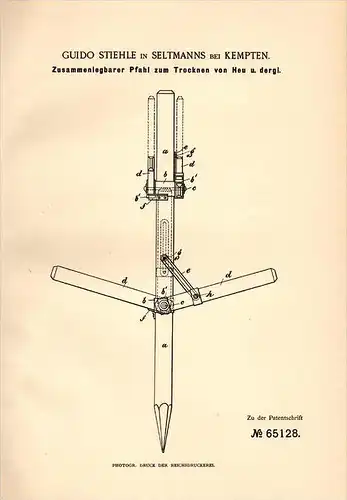 Original Patentschrift - G. Stiehle in Seltmans b. Weitnau / Kempten ,1892, Pfahl für Heu - Trocknung , Landwirtschaft