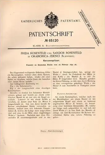 Original Patentschrift - F. Rosenfeld in Orahovica - Zdenci , 1892 , Kerzenspitzer , Kerze , Leuchter !!!
