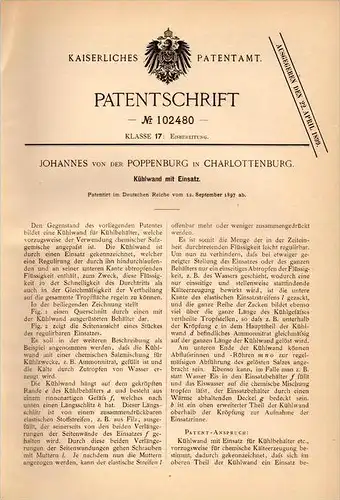 Original Patentschrift - Johannes von der Poppenburg in Berlin , 1897 , Kühlschrank , Eisbereitung , Eis , Adel !!!