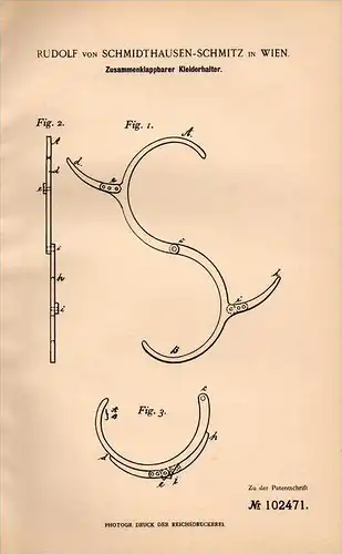 Original Patentschrift - Rudolf von Schmidthausen - Schmitz in Wien , 1898 , Kleiderhalter , Kleidung , Stock , Schirm !